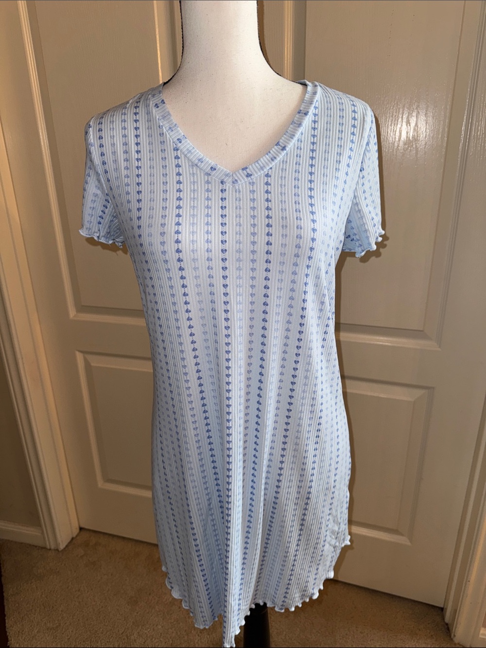 Light Blue & White Striped Nightdress with Heart Motif - Size Small